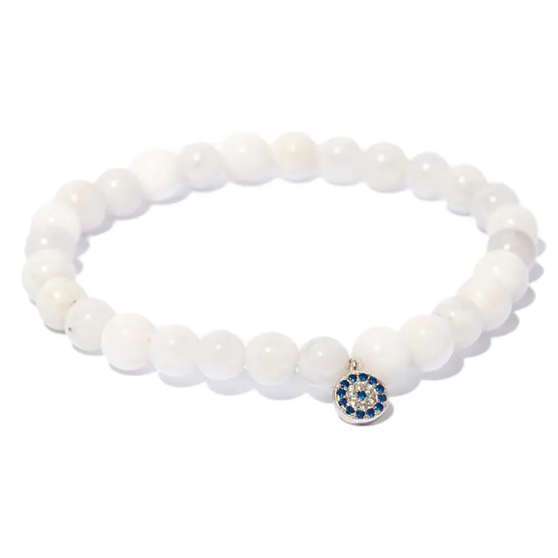 LA LUNA LOS ANGELES Moonstone Bead Bracelet with Sterling Silver Evil Eye Charm
