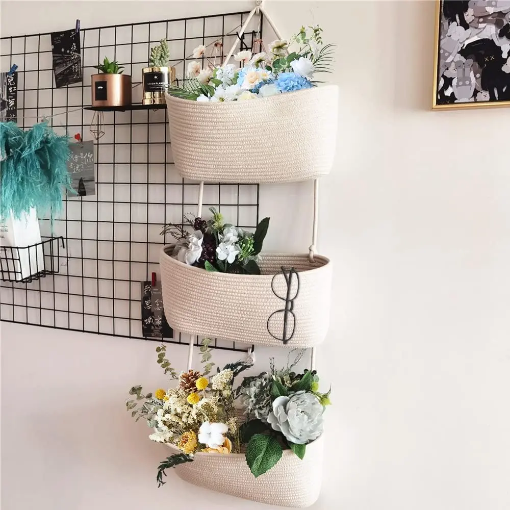 Woven cotton 3-tier wall hanging baskets for organizing, hanging storage basket, over the door basket organizer, wall mounted basket for decorative nursery organization, hanging baskets for nursery decoration Flowers Hangable