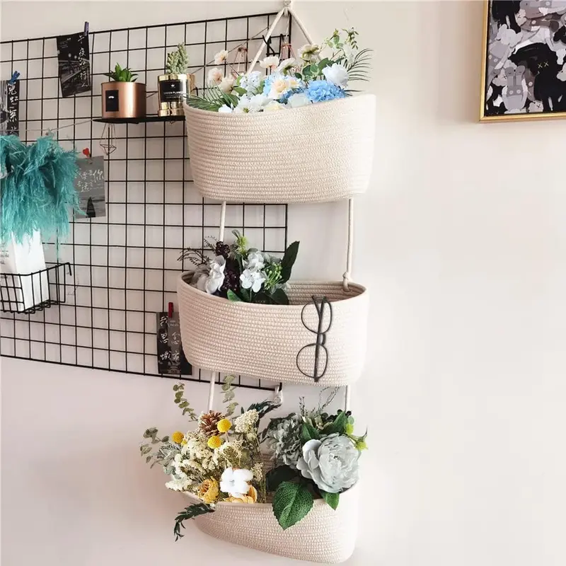 Woven cotton 3-tier wall hanging baskets for organizing, hanging storage basket, over the door basket organizer, wall mounted basket for decorative nursery organization, hanging baskets for nursery decoration Flowers Hangable