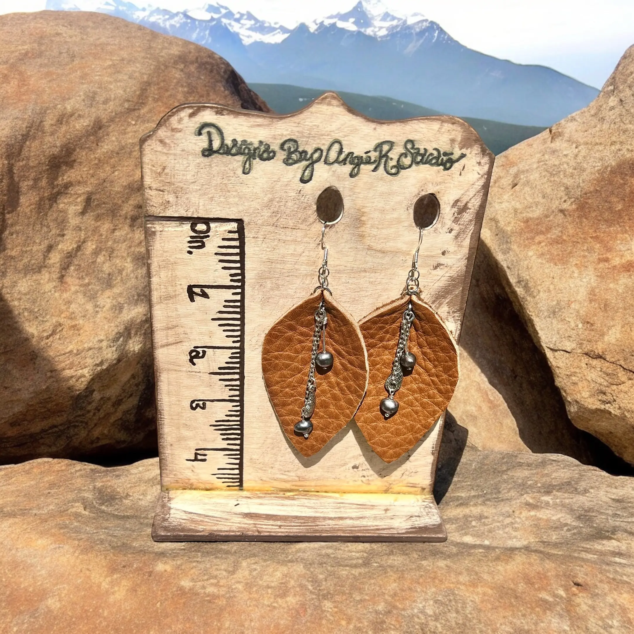 Design By Angela's Studios 100% Real Raw Hide Leather Lily Earrings with Black Fresh Water Pearls Handcrafted Jewelry 4" Drop Length Made in USA