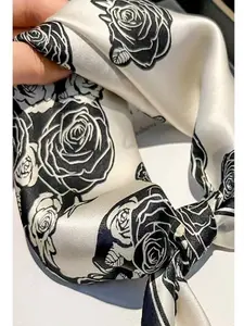 Chinese Style Mulberry Silk Rose Handkerchief, Elegant Ditsy Floral Design, Loose-Fitting Scarf for All Seasons, Versatile Accessory