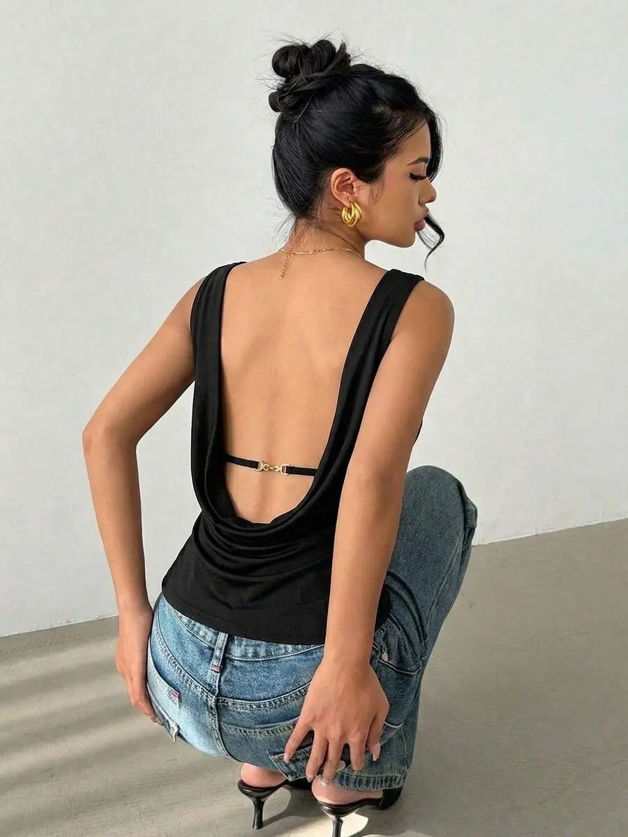 Aurelle Backless Social Blouse Summer Tops Women's Solid Color Round Neck Casual Versatile Daily T-Shirt For Women Open Back