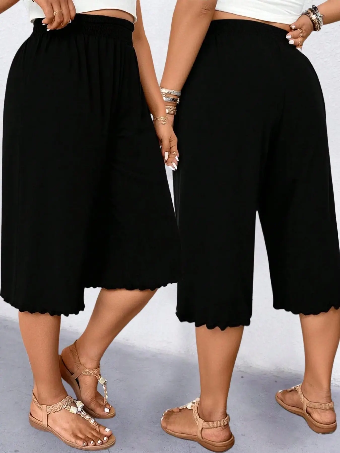 Women's Plus Size Capri Pants Wide Leg Smocked High Waist Scalloped Hem Cropped Trousers Flowy Casual Summer Lounge Basic Outfits Trendy Womenswear Bottom