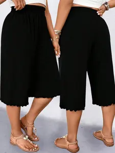Women's Plus Size Capri Pants Wide Leg Smocked High Waist Scalloped Hem Cropped Trousers Flowy Casual Summer Lounge Basic Outfits Trendy Womenswear