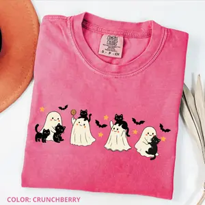 Comfort Colors Halloween Black Cat Ghost Shirt, Halloween Ghost T-shirt, Spooky Season Cat Tee, Halloween Cute Women Outfit, Halloween Gift