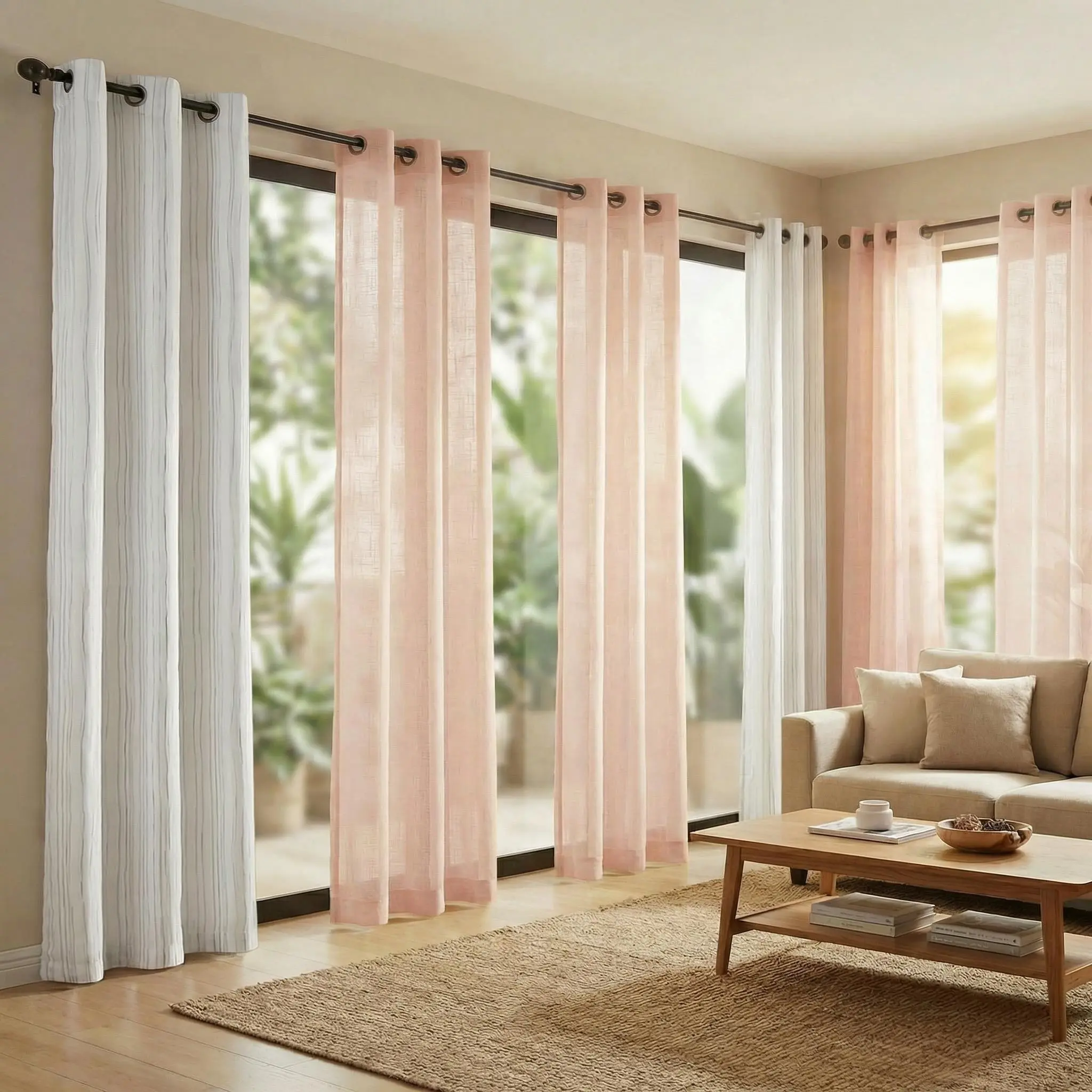 6 Piece 34x84 Inch Grommet Top Curtain Set, Combo of 2 Wave Pattern Silver Foil Blackout Curtains and 4 Belly Linen Curtains, Stylish Window Drapes for Home Decoration RT01 FT2503 Windowshades