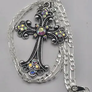 N7-Black Plated Stainless Steel Cross Pendant with Clear Branet Style Stone Design 24 Inches 4mm Silver Plated Chain