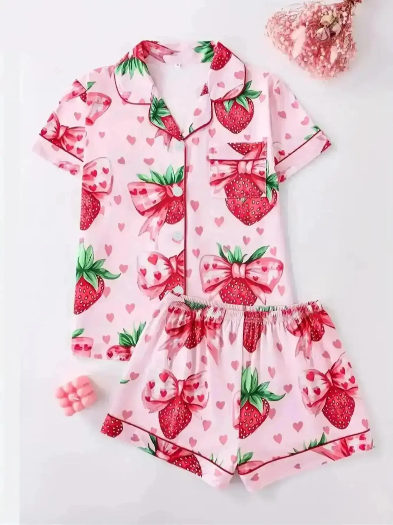 Women's Two-Piece Pajama Set, Loungewear, Casual Comfortable Fitted Short Sleeve Shirt & Elastic Waist Shorts, All-Over Strawberry Print Sleepwear, Matching Two Piece Set, Trendy Coordinated Outfit