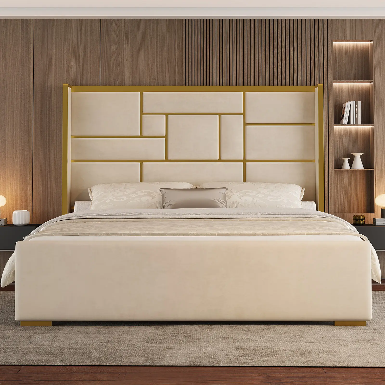 King Size Glam Velvet Upholstered Platform Bed Frame,55.12"Extra-Tall Wide Wingback Headboard with Gold Trim,Built to Last,Noise-Free,Easy Assembly Required,No Box Spring Needed,Beige,Supports Easy Everyday Living,Bed Frames,55.12"[tiktokshopbacktoschool]