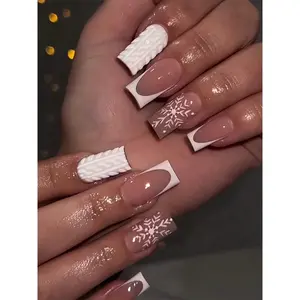 24 Piece Christmas Theme French Sweater Texture Snowflake Design Medium Length Press Nails Nail Kit Set, Includes Jelly Gel and Nail File