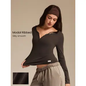 GLOWMODE Modal Ribbed Cozy Confidence Soft Stretchy Breathable Distressed Curved Neckline Buttons Hip Length Long Sleeve Top  Daily Casual Wear Spring Summer