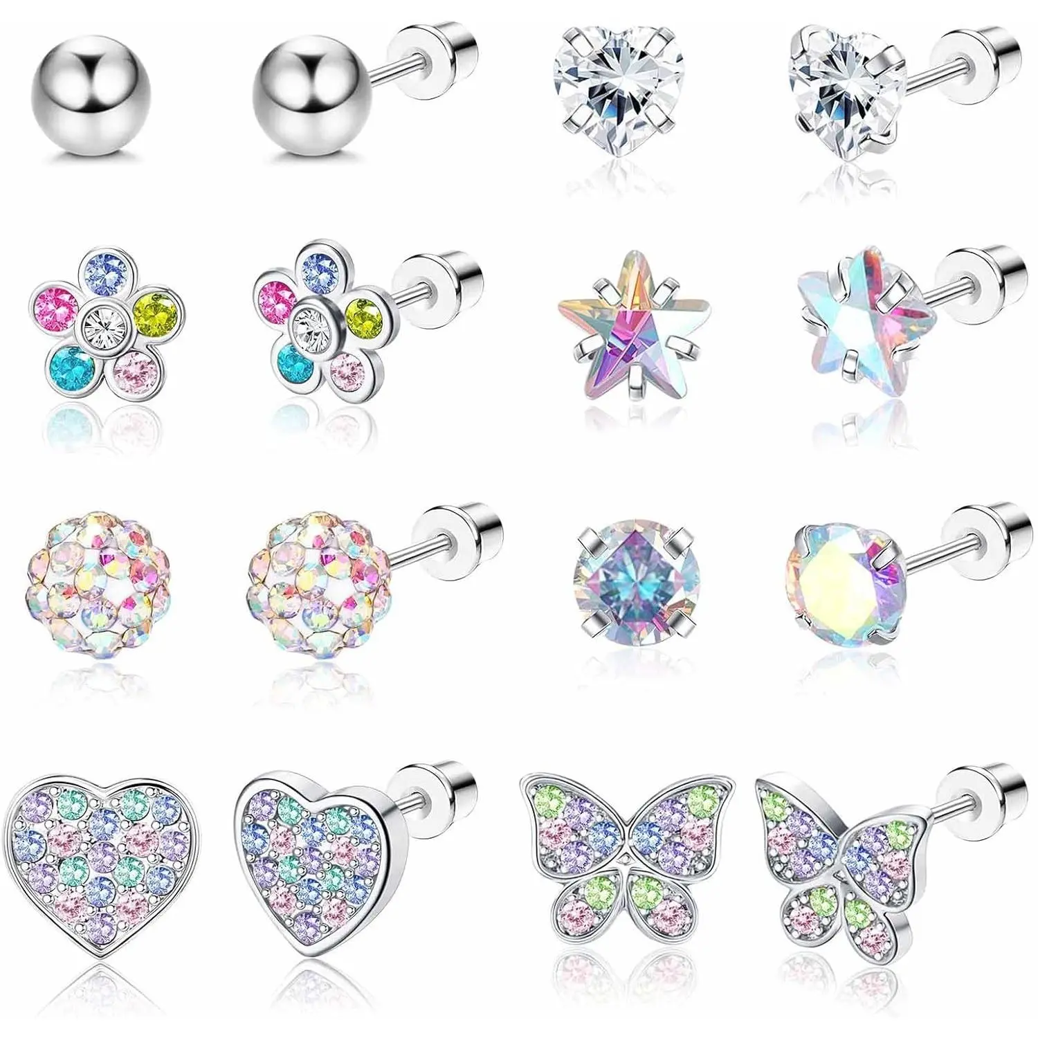 Jstyle 8-Pair Hypoallergenic 316L Stainless Steel Screw Back Stud Earrings Set for Women, Cute CZ Butterfly Heart Flower Pearl Designs, Multicolored Pink Tone, Hypoallergenic Earrings, Trendy Jewelry, Hypoallergenic Jewelry, Anniversary