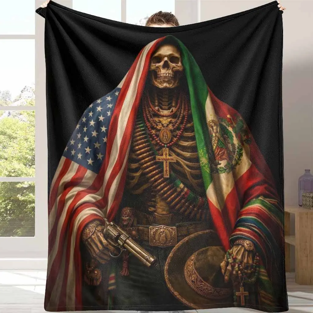 Mexican American Skeleton Gunslinger Flannel Throw Blanket - 30*40 inches, Vintage Patriotic Stars and Stripes Print, Soft Plush Warm Breathable Wrinkle Resistant, Cozy Aesthetic Cowboy Vibe, Indoor Couch Bedroom Blanket, Western Decor Festival Gift, Blan