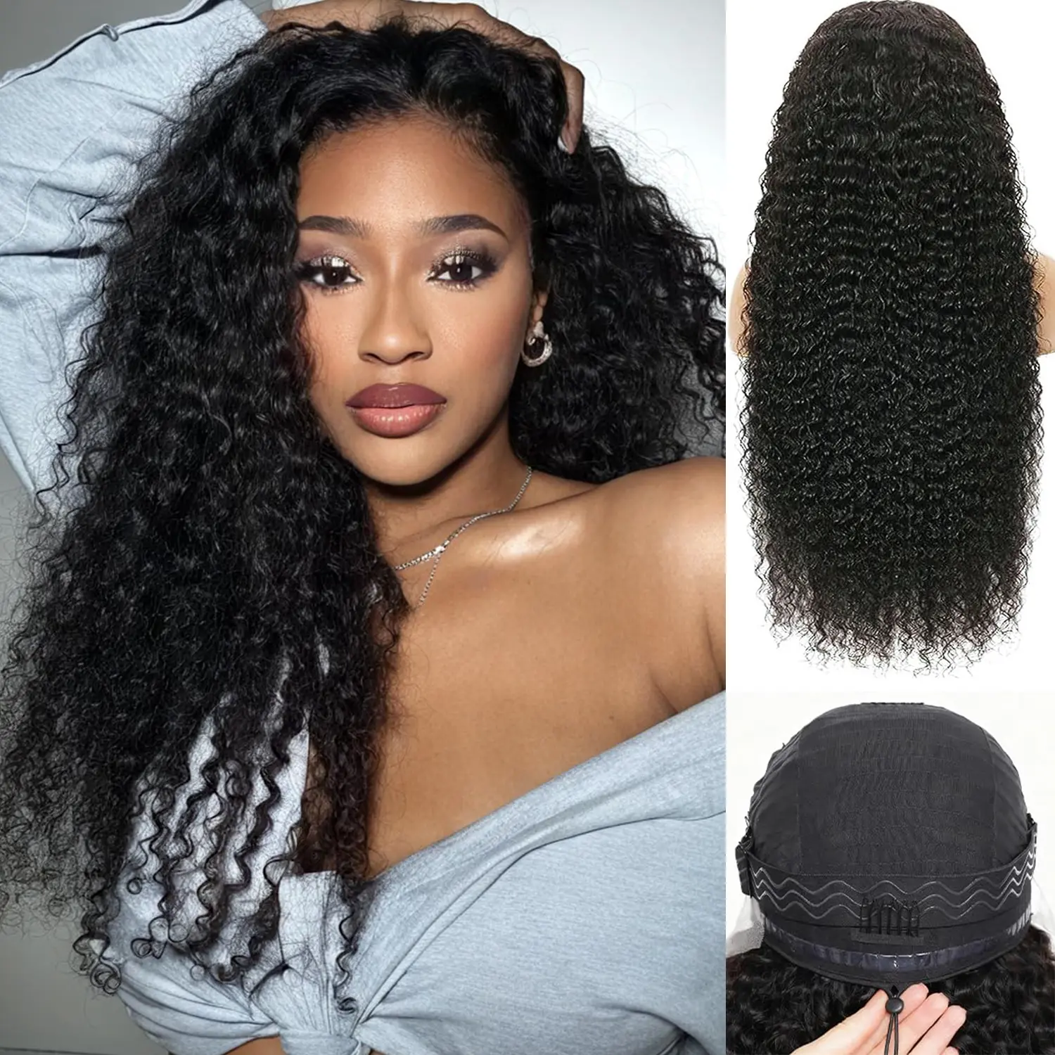 Curly Half Wig Human Hair 200% Density Water Wave Glueless Wigs Upgrade 3 In 1 Wigs Beginner Friendly Seamless Flip Over Drawstring Curly Wig Ready to Go No Headband Wig Natural Black Color 18 Inch