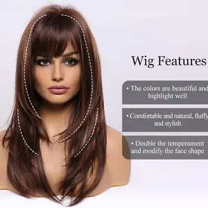 Long Layered Heat Resistant Brown Wig with Highlights and Bangs 22” - Comfortable Fit for Everyday Wear fashion wig