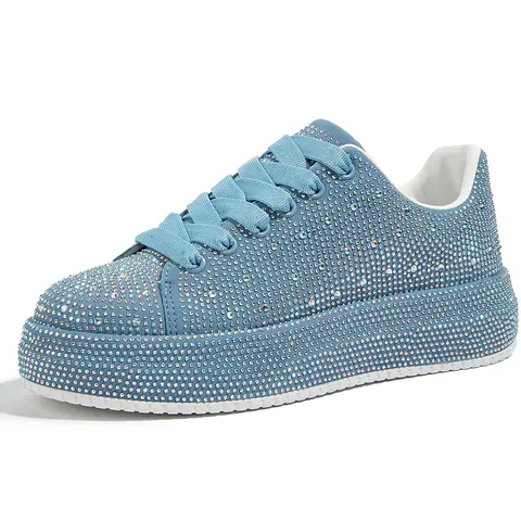 LUCKY STEP Women's Low Top Lace-Up Rhinestone Decoration Casual Trainers - Lightweight Chunky Women's Shoes with Glitter Synthetic Upper, Closed Platform, Round Toe, Soft Girl Aesthetic All-Season Footwear