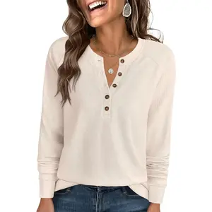 Women’s long-sleeve waffle-knit loose button-up V-neck Henley tops, dressy casual, basic tee blouse knitwear womenswear, Fall 2025