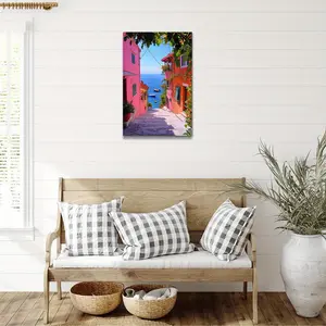 Vibrant Seaside Cottage & Azure Sky Canvas Wall Art - 16x24" Framed Mediterranean-Style Scenery with Pink Houses, Blue Boat & Lush Greenery - Perfect for Bedroom, Bathroom, Dorm Decor - Ideal Gift for Birthdays & Anniversaries, Beach Theme Decor, 2D, Perf