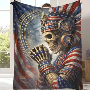 American Patriotic Skeleton Flannel Blanket with Eagle and Statue of Liberty Print  Soft Warm Durable  Perfect for Living Room  Bedroom  Office  Holiday Decoration  Gift for Friends