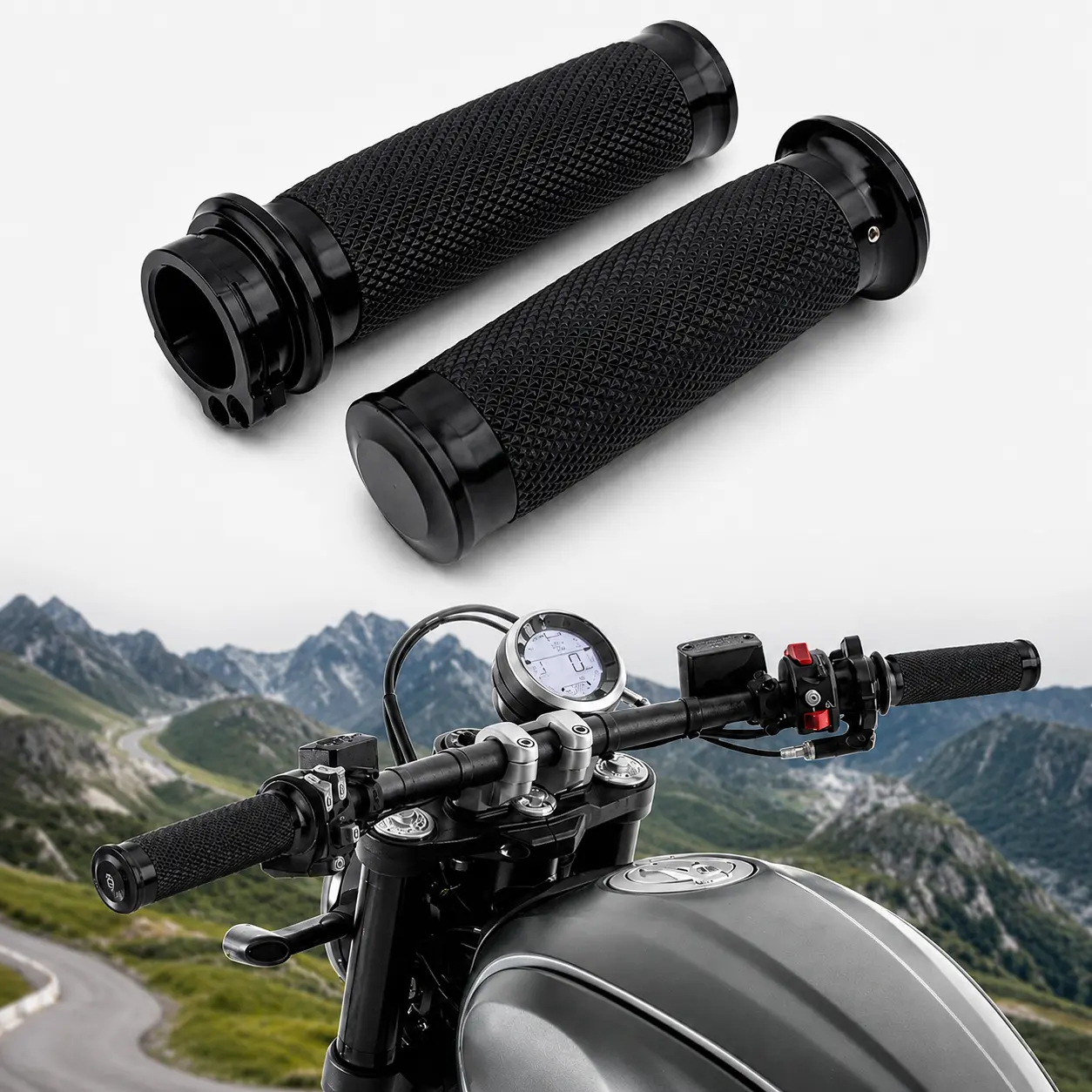 Black 1" Motorcycle Hand Grips Pair for Compatible 25mm Cruiser Touring Street Handlebars, Aluminum Rubber Left Right Grip Sleeves, Non-Heated Replacement Style Bar Grip Set, Throttle Tube Not Included, Size Check Required