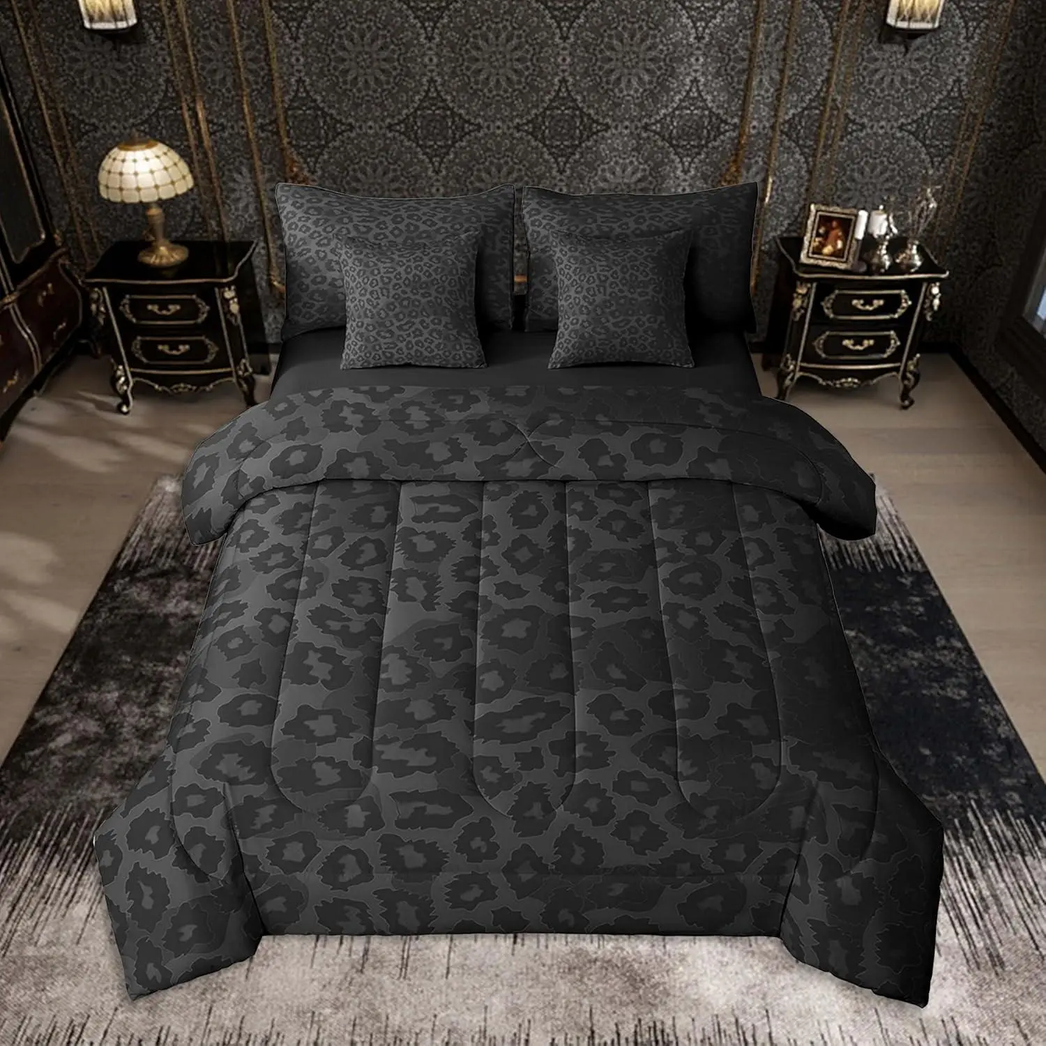 Black Leopard Print Comforter Set 7 Pieces Cheetah Texture Print Bedding Set Safari Animal Bed Set Bed in a Bag with Comforter,Sheets,Pillowcases & Cushion Covers （No Real Fur）