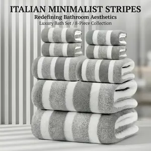 8-Piece Microfiber Towel Set, Ultra Soft & Fast Dry Bath Towels, 2 Large Bath Towels + 2 Hand Towels + 4 Washcloths, Gray Stripe