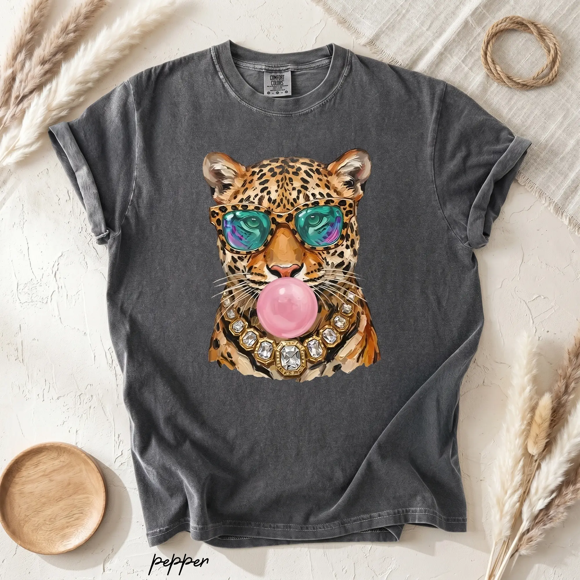 Cheetah Bubble Gum T-Shirt, Leopard Sunglasses Graphic Tee, Wild Animal Print Shirt, Trendy Safari Style Top, Gift for Her