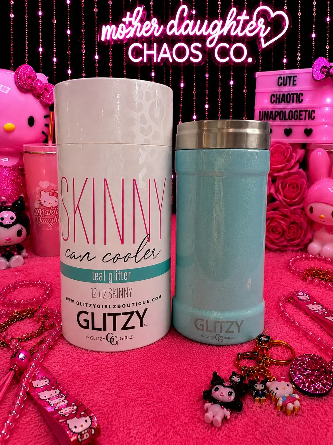 Glitzy Girlz Skinny Cooler - Teal Glitter