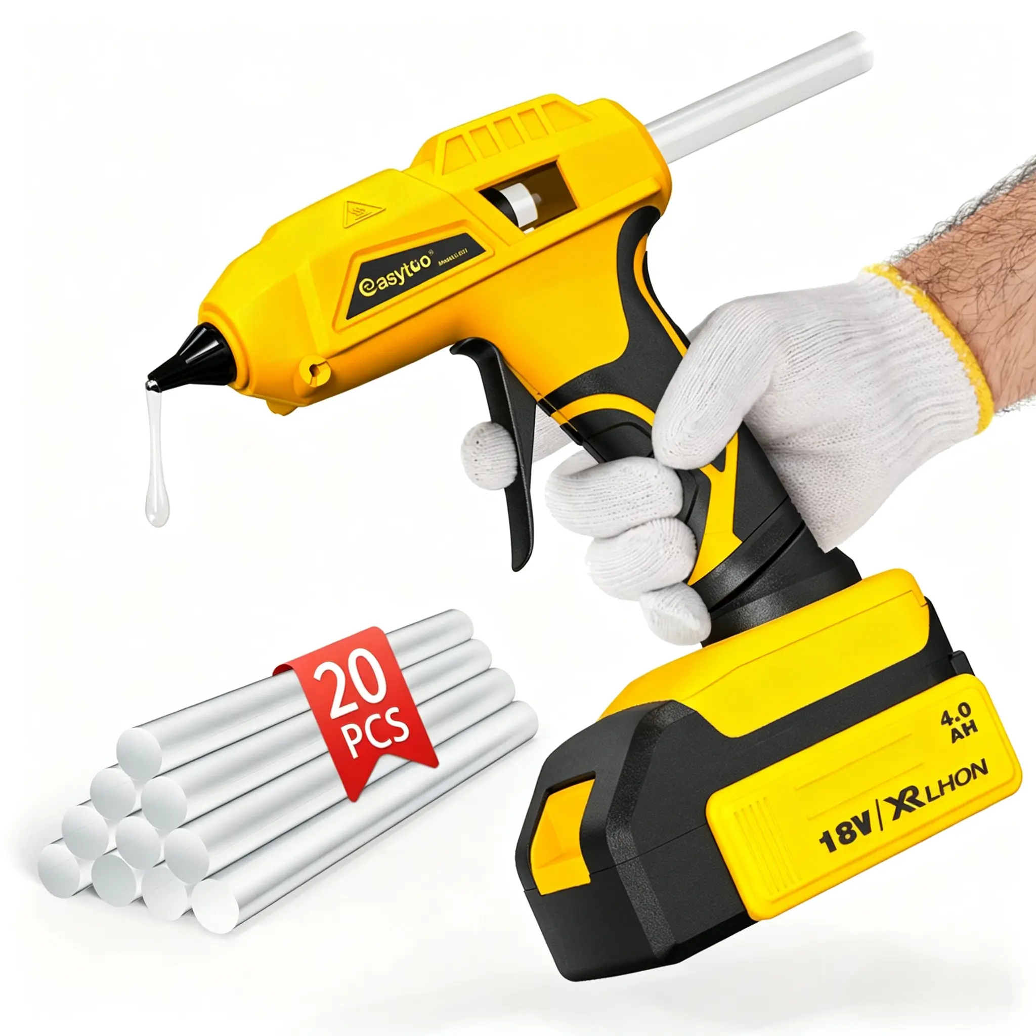 18V Power Cordless Handheld Hot Melt Adhesive Gun Kit with Handheld Grip & Cordless Freedom - DIY Auto Repairs Tool for Car Body & Auto Parts Fixing, Includes 20 Glue Sticks (Battery Not Included), Convenience