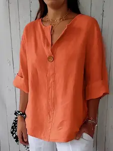 Women's V-Neck Cotton Linen Casual Fashion T-Shirt Top, Casual Basic Top, All Seasons Fitted Plain Style, Comfortable and Stylish Daily Wear Womenswear