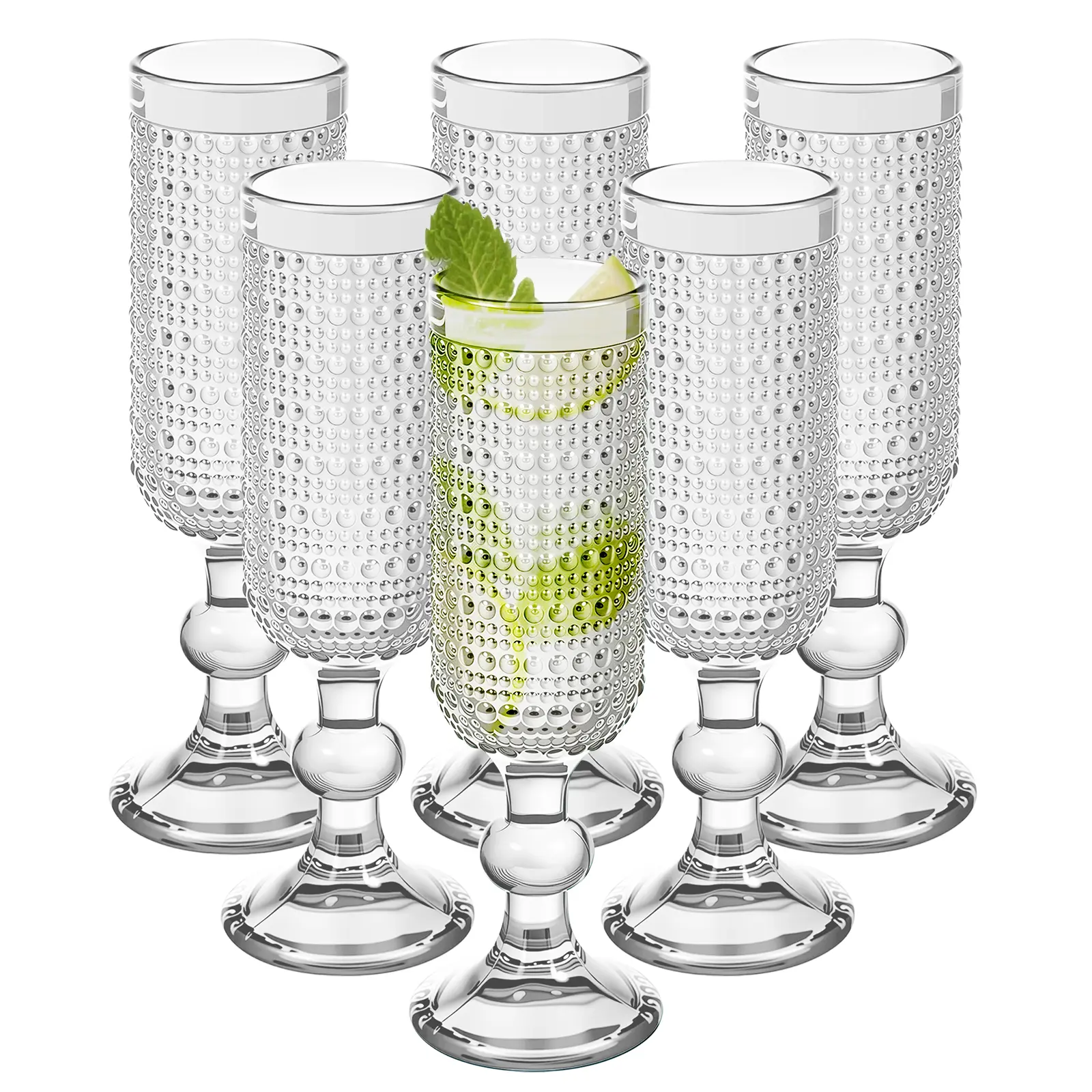 Vintage 140ml 4.73 Oz Lead-Free Glass Highball Tumblers - Set of 6 Classic Wine Glass, Stackable, Bead-Textured Round Glasses for Cocktails, Everyday Refreshments,father's day gifts