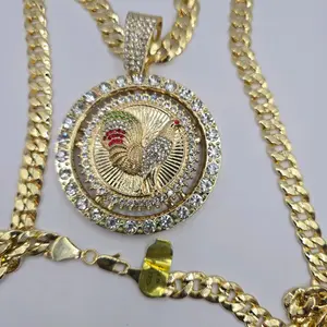 ROOSTER fashion Centenario style rotable with clear stone's Cuban link chain gold-plated 30"inches long
