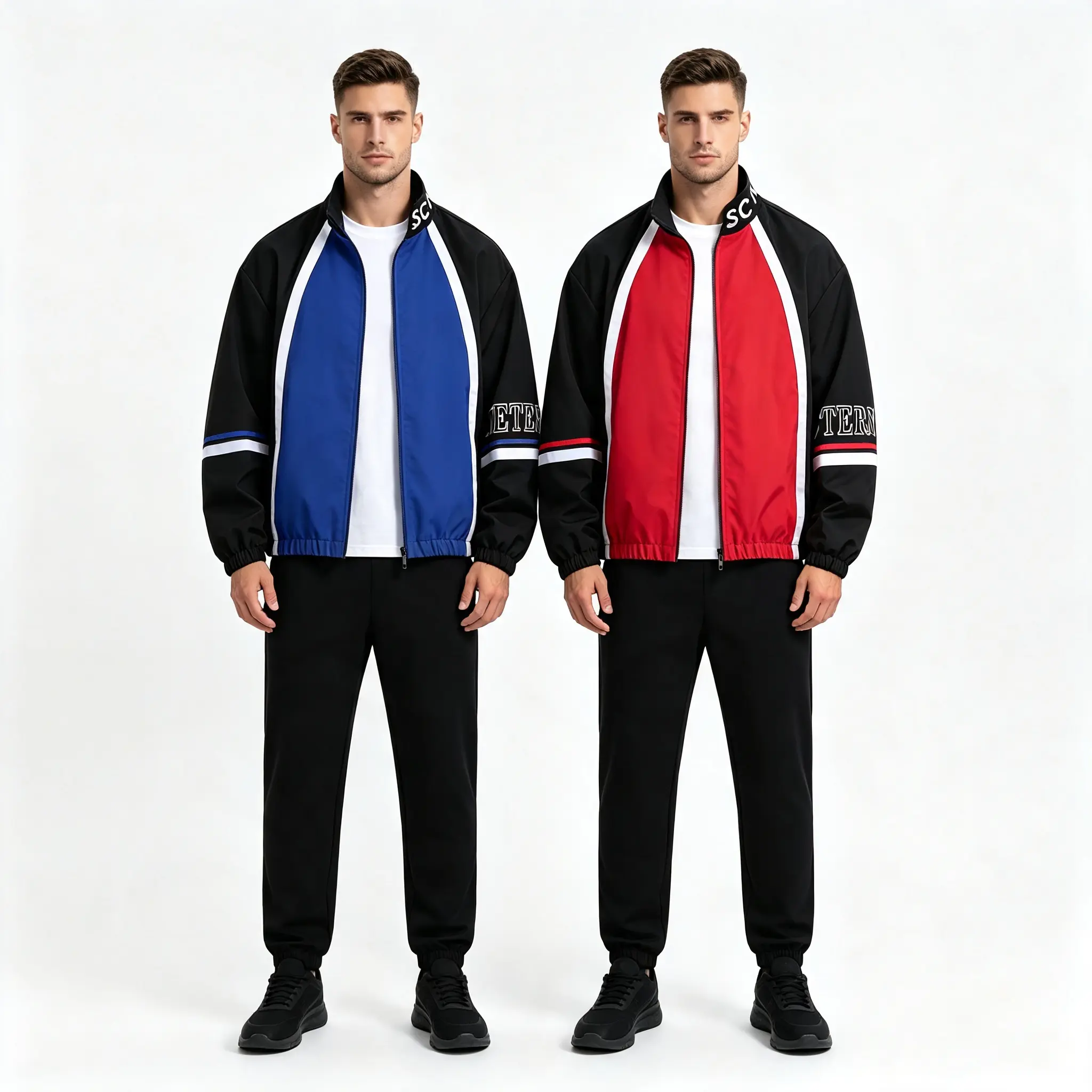 Men’s 2-pack color-block sports jackets, retro stand-collar zip-up windbreakers with black-and-blue and black-and-red contrasting stripes, lightweight casual aviator jackets suitable for streetwear.