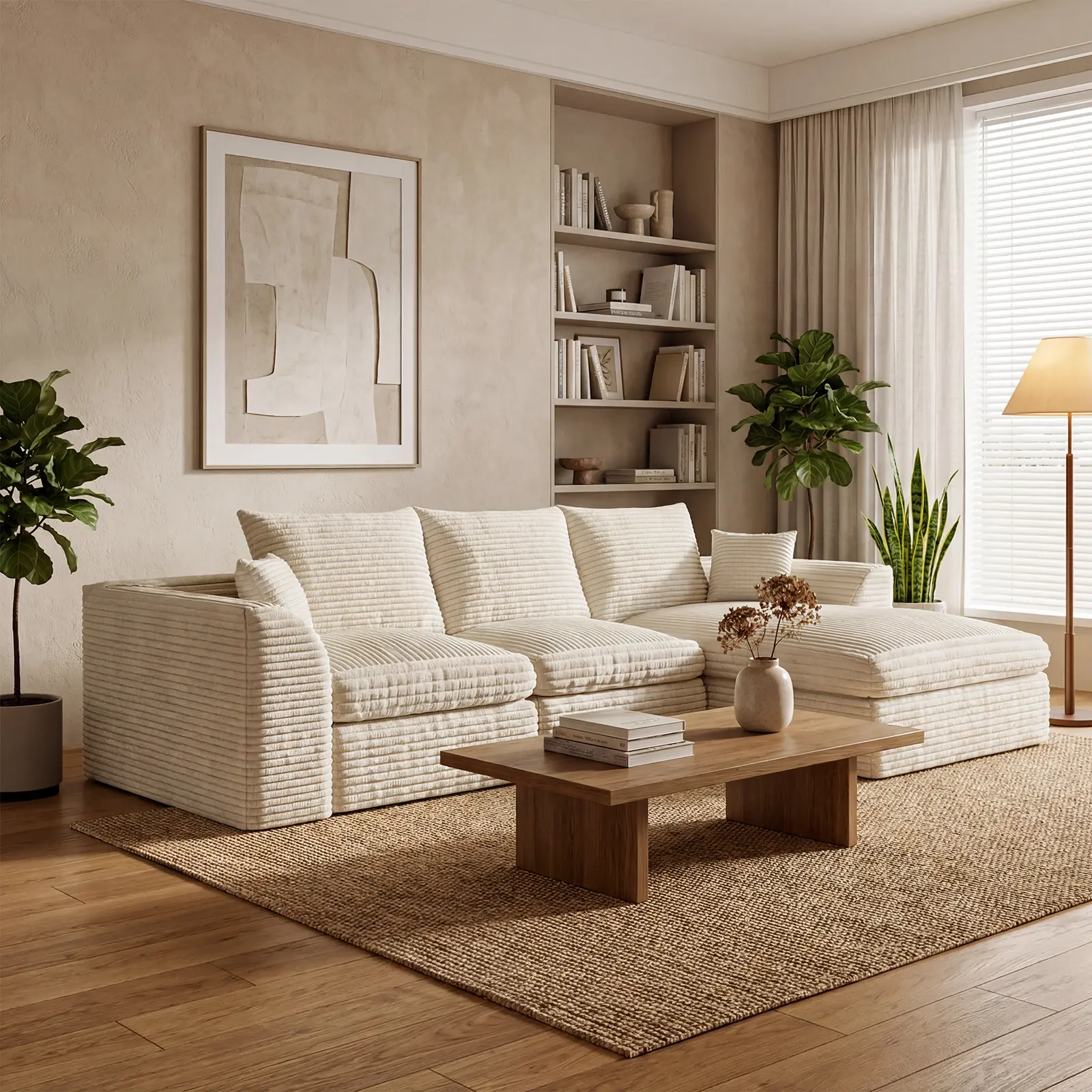 Niccae Modular Cloud Couch, L-Shaped 3-Seater with Reversible Chaise, Boneless Memory Foam Corduroy Sofa, 102" Convertible Bed, Living Room Furniture, No Assembly Required, Beige