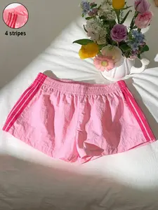 Summer Multicolor Casual Sporty Striped Shorts, Elastic Waist Loose Fit Women's Short Pants, Fashionable Everyday Wear