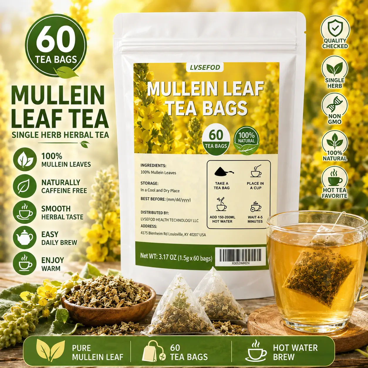 LVSEFOD Premium Mullein Tea Bags, 3.17 Oz (1.5g X 60 Bags), Made With Natural Mullein And Corn Fiber. Provides Breathability Support And Is Perfect For Afternoon Tea. Also Makes A Great Gift.