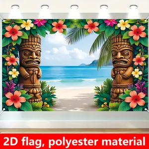 Hawaiian Tiki Beach Backdrop Vintage Tropical Backdrop Island Theme Background Cloth Beach Tapestry Wall Hanging Photography Background Polyester Fiber Party Event Garden Home Decor Studio Prop Vacation Wall Art