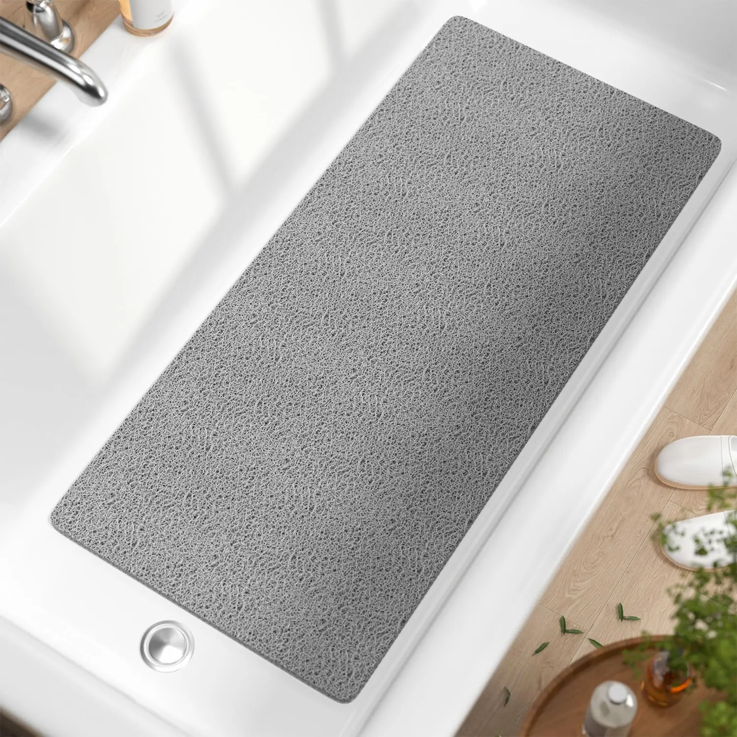 Bathtub Mat Non Slip, 35 x 16 Inch Long Soft PVC Loofah Shower Mat, Bath Mat for Tub Without Suction Cups, Quick Drying Bath Tub Mat for Shower and Bathroom, Easy to Clean, Grey