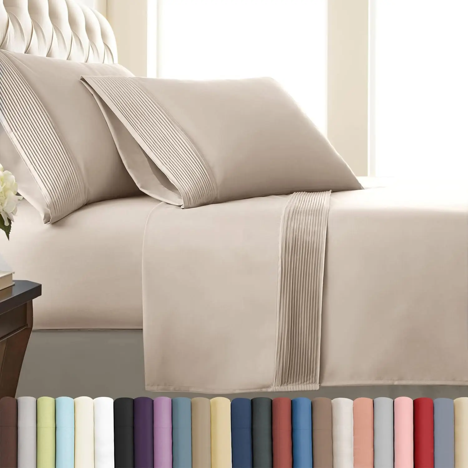 Vilano Extra Deep Pocket Pleated Sheet Set - Soft Premium Earth Tone Bedding Linens, Machine Washable for Twin XL, Queen, California King Sizes, Full, Solid Linen Sheets Set Fitted Sheets