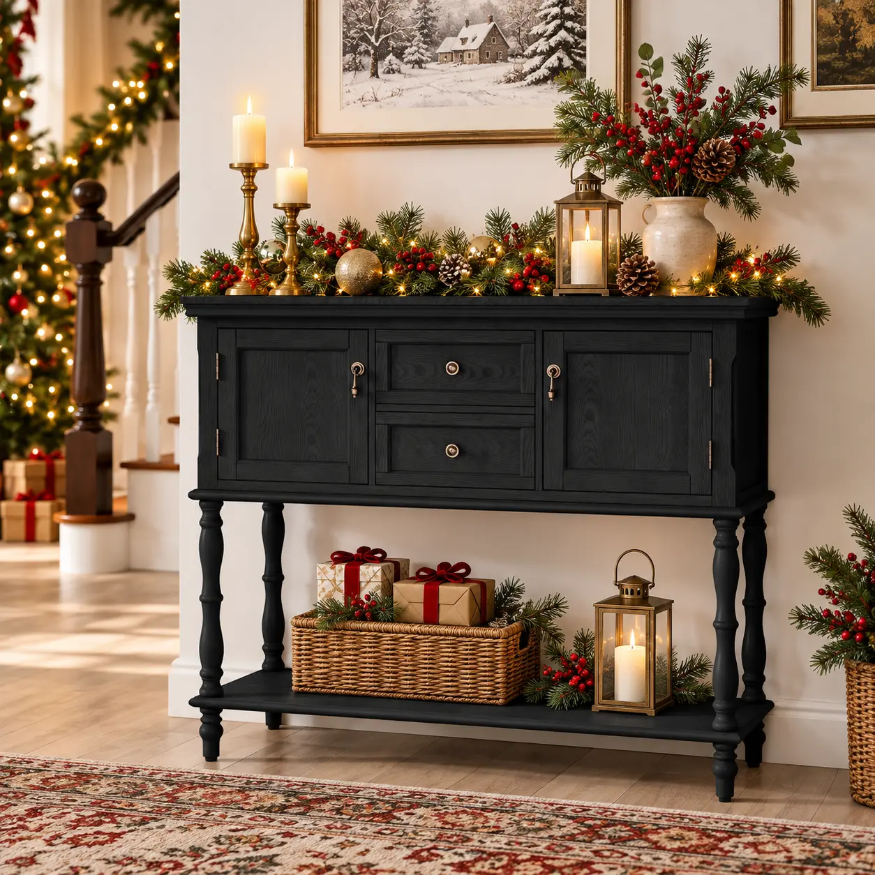 【Fall Deals】HLR 42" Vintage Console Table with 2 Drawers, 2 Doors and Shelf, Farmhouse Decor, Coffee Bar and Space-Saving Storage for Renters, Fits in Entryways, Living Rooms and Dining Rooms, Conceals Clutter