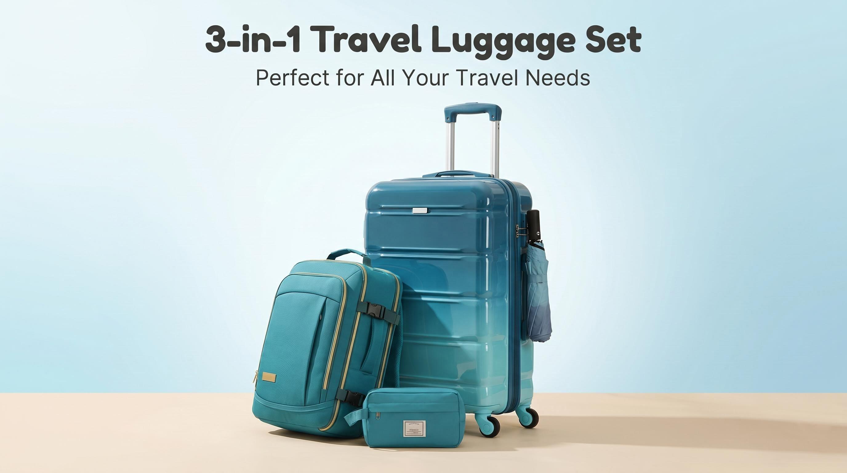 Light Blue Full Hard Shell Luggage Sets - 3-Piece Matched Travel Kit with 20/24/28In 4-Wheeled Carry-On/Checked Baggage, Stylish Gradient Suitcase, Travel Bag, Wash Bag & TSA Lock, Waterproof, International Travel