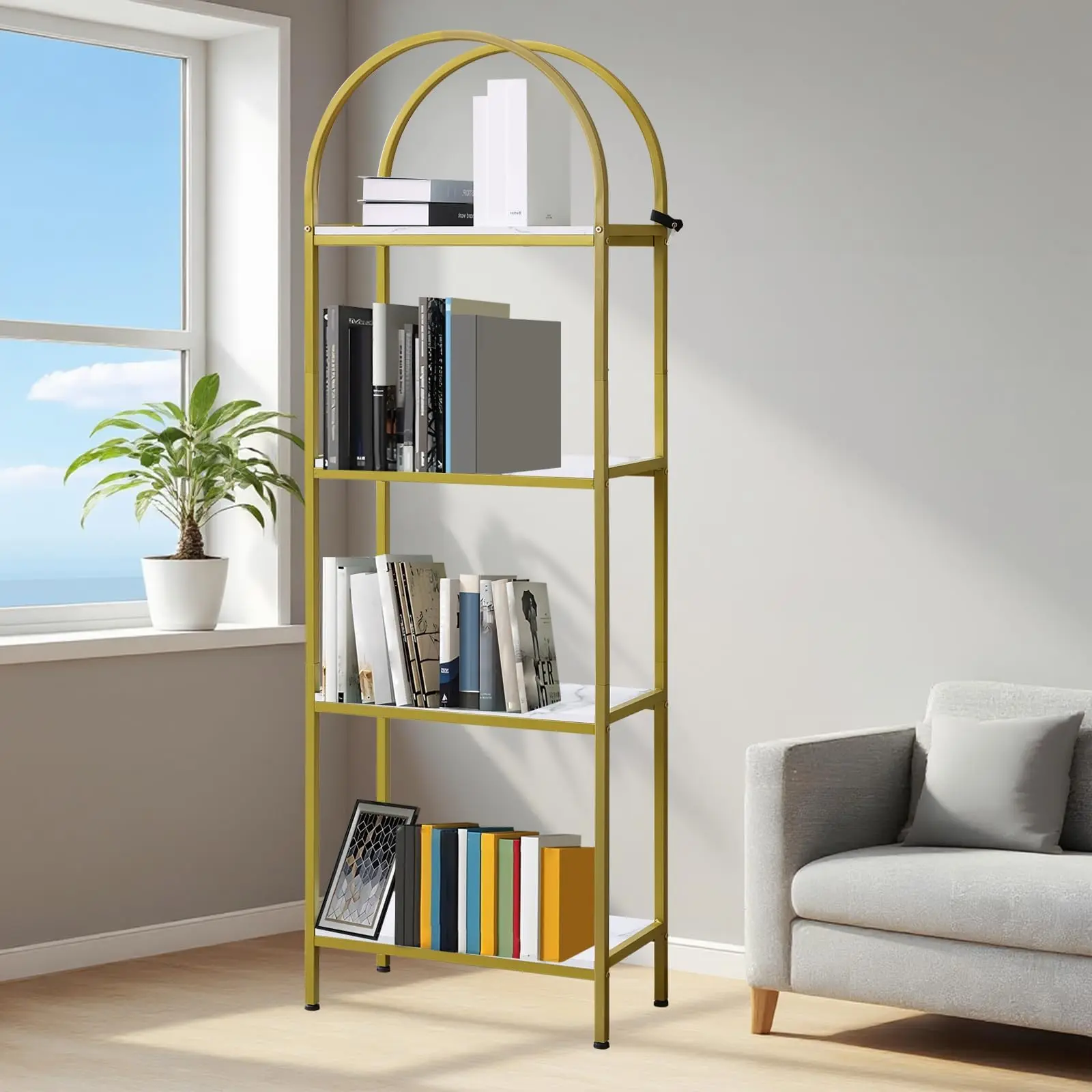Garvee Geometric Modern 4-Tier Office Bookshelf - Tall Metal Frame Bookcase, Spacious Wooden Shelves, Open Display & Storage, Ideal for Home Office, Living Room, Geometric Modern Bookshelf