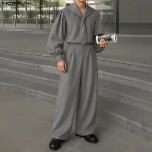 INCERUN Men's Spring Autumn Designer Sailor Collar Balloon Sleeve Shirt & High Waist Wide Leg Trousers Set Minimalist Suit for Fashion Party Art Exhibition Business Casual Commute