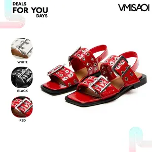 Flat Sandals for Women Open Squre Toe Flat Heel Double Buckle Straps Metallic Eyelets Comfortable Fashion Cute Casual Dress Summer Walking Trendy Slides Deals For You Days