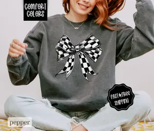 Checkered Bow Sweatshirt Comfort Colors, Race Day Crewneck, Racing Sweater Womenswear