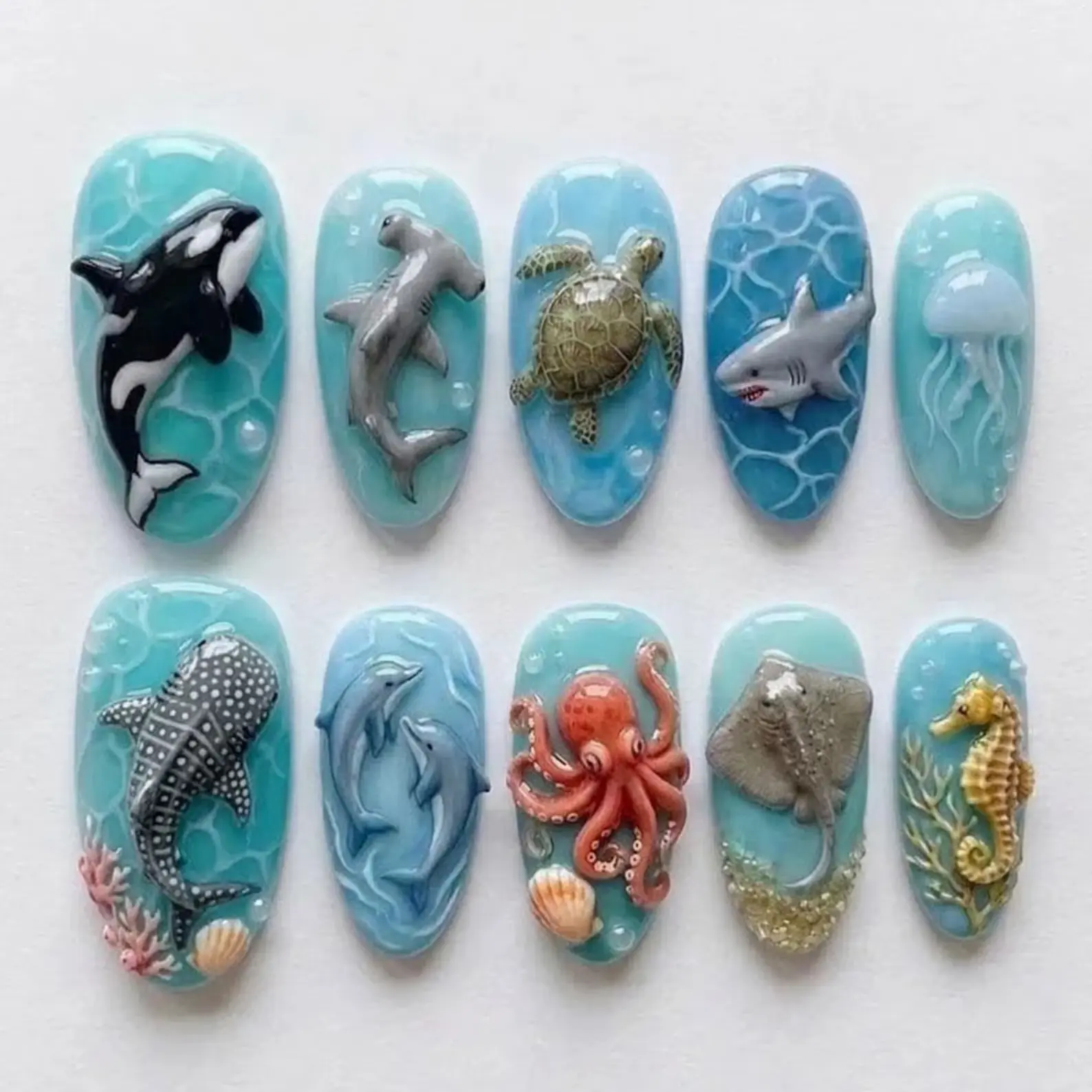 Dolphin Shark Turtle Nails / Summer Ocean Nails Ocean Animal Press On Nails / 3D Sea Creature Nails / Beach Vacation Nails /