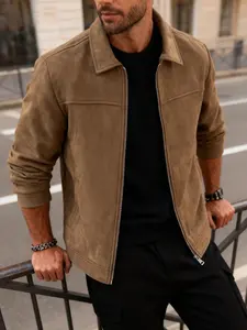 Men's Versatile Casual Fitted Jacket, Zipper Closure, Collar Design, Lightweight Business Faux Suede Coat, Easy Care Fabric