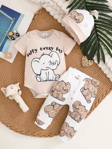 3pcs Baby Boy Outfit Set Cloud Bear Print White Beige Patchwork Long Sleeve Jumpsuit Bodysuit Clothes Toddler Onesies