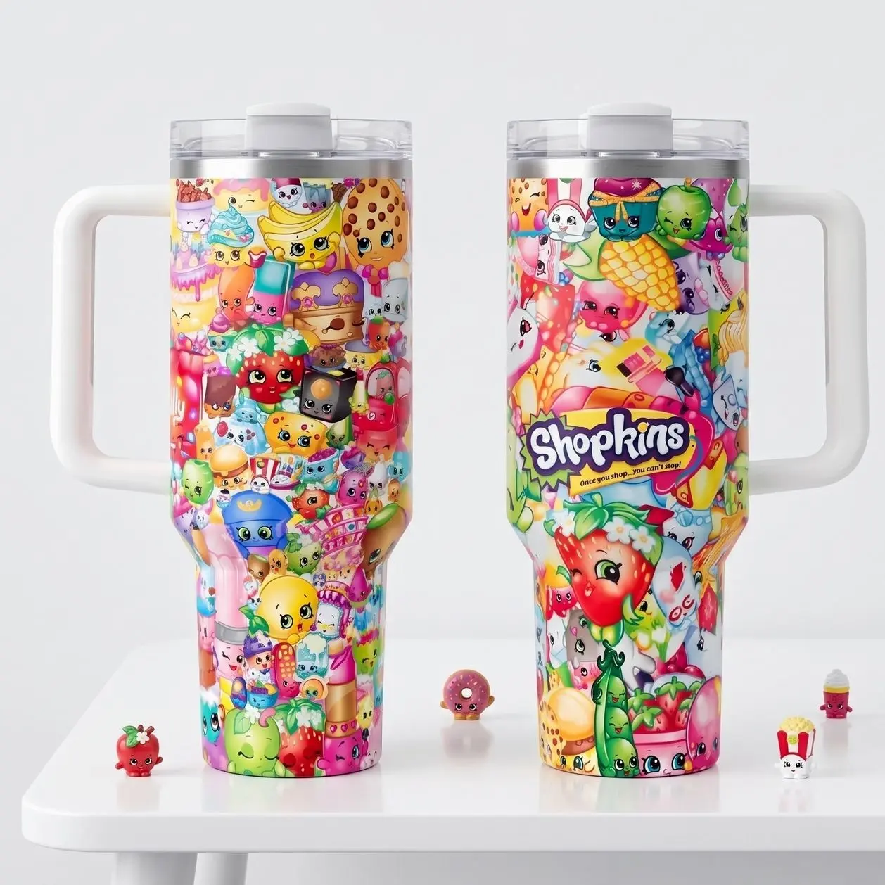 Cute Shopkins 40oz Stainless Steel Tumbler with Handle and Straw, Travel Mug Fits Car Cup Holder Cute Gift for Shopkins Fans