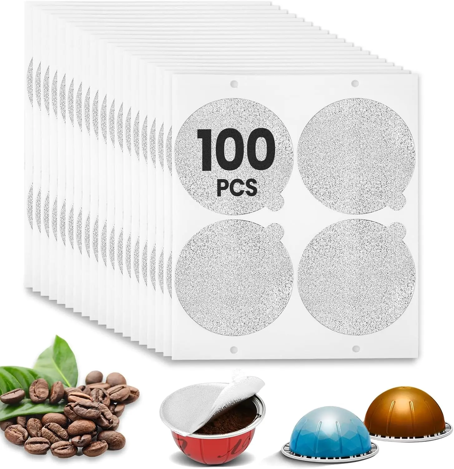 Reusable Aluminum Foil Seal Lids for Nespresso Vertuo Refillable Pods - 100PCS Eco-Friendly, Cost-Effective Coffee Station Kitchenware Accessories (Pods Not Included), Coffee Station Accessories